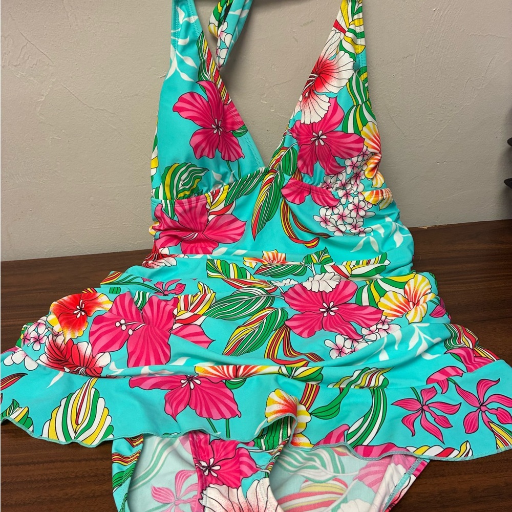 NWT Turquoise Floral One-Piece Swimsuit with Pink Bloom